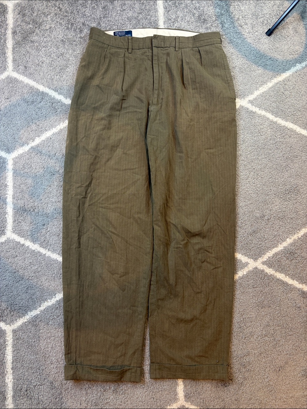 Vintage 90s Polo Ralph Lauren Pleated Trousers 34x32 Olive Herringbone Cuffed